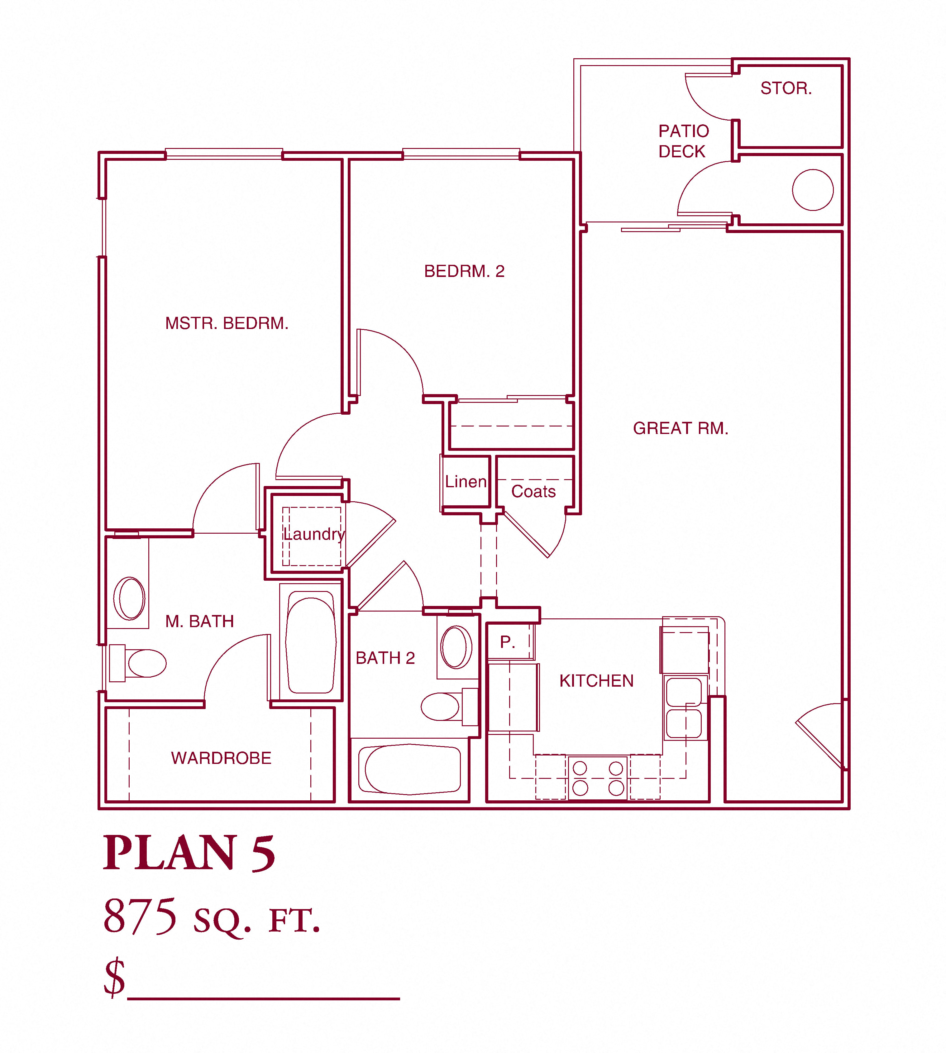 Floor plan for 2 beds, 2 baths, 875 sqft